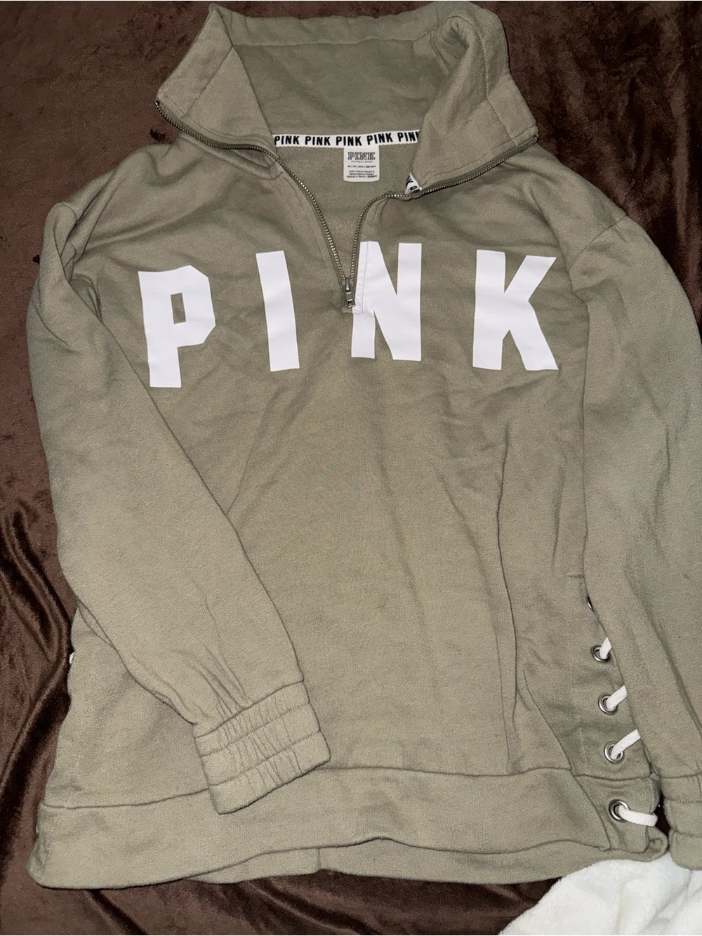PINK Victoria's Secret Olive Green Half-Zip Pullover with Side Lace-Up